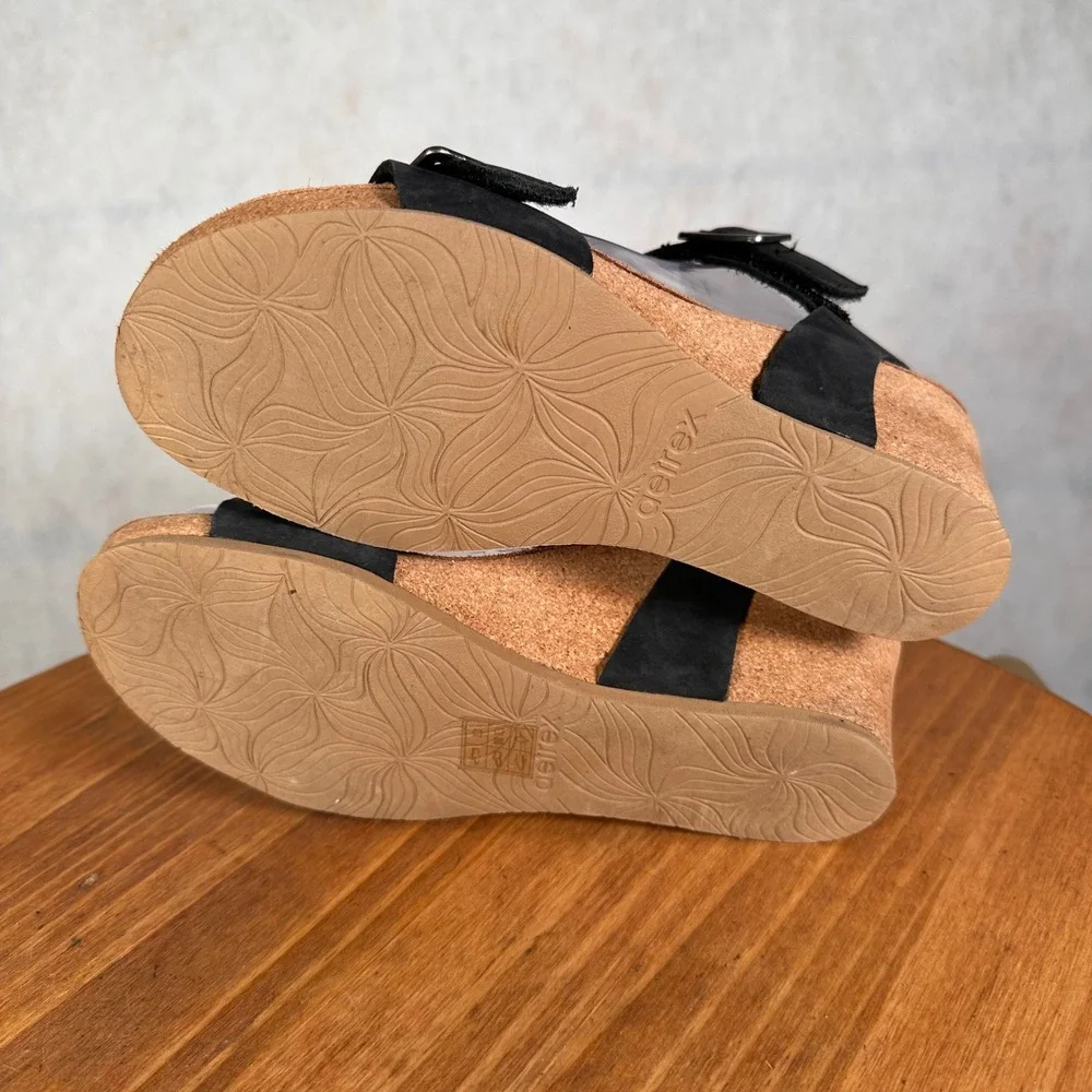 Aetrex Lexa Wedge Sandals Womens 36 Black Good Leather Orthotic Comfort